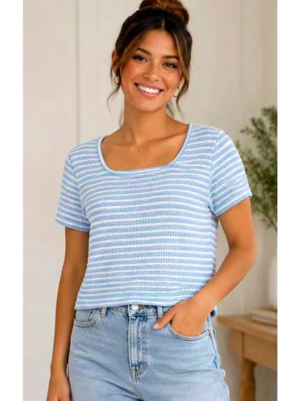 Women Summer Stripe Round Neck Short Sleeve Crop Tops - Blue/White, S/M